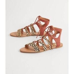 NWT Farylrobin Lianna Leather Sandal fur leapord lace up strappy summer chic 8